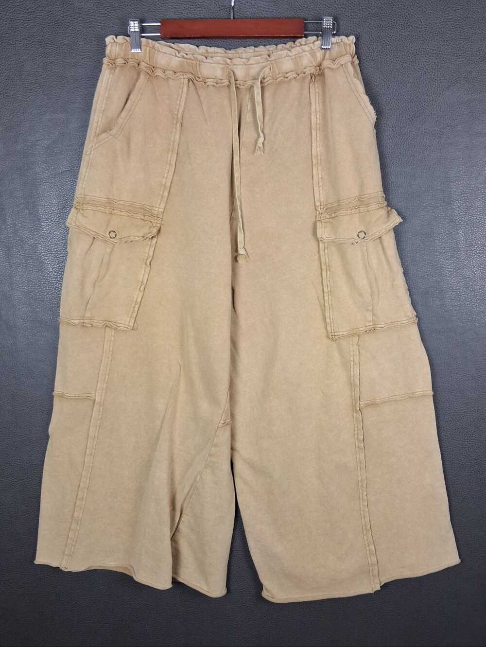 Three Birds Nest Pants Womens Large Game On Cargo Cotton Wide Leg Lounge Beige